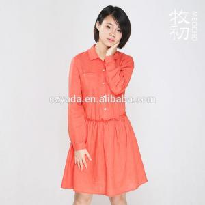 Wholesale 2015 Ladies Short Sleeve Orange Pleats Casual Linen Dress With Shirt Collar from china suppliers