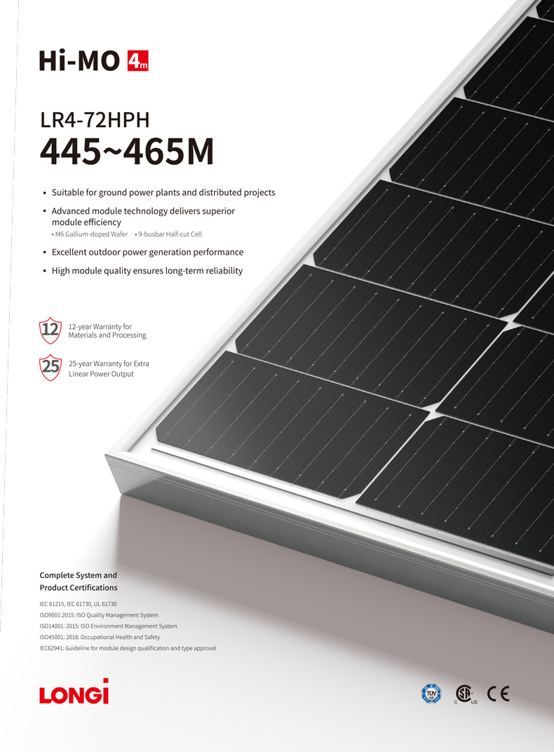 Longi Polycrystalline Solar Panel Half Cell Hi Mo Facial 450w LR4-72HPH-450M