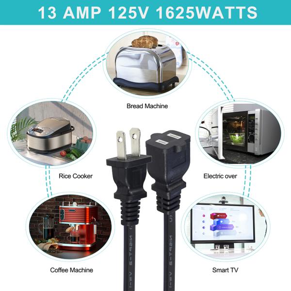 NEMA 1-15P to 1-15R Power Cord 18 AWG Copper for Small Appliances