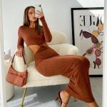 O Neck Waist Hollow Out Long Sleeve Bodycon Maxi Dress