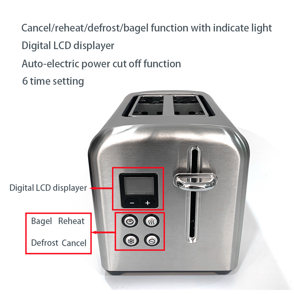 Led Display 900W Digital Bread Toaster 2 Slice Extra Wide Slot Compact