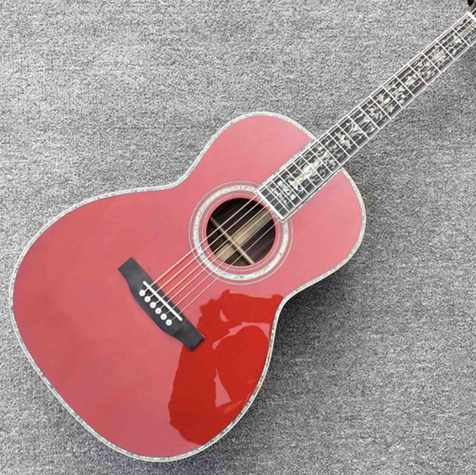 100% All Real Abalone Ebony Fingerboard OOO45s Acoustic Electric Guitar in Wine Red