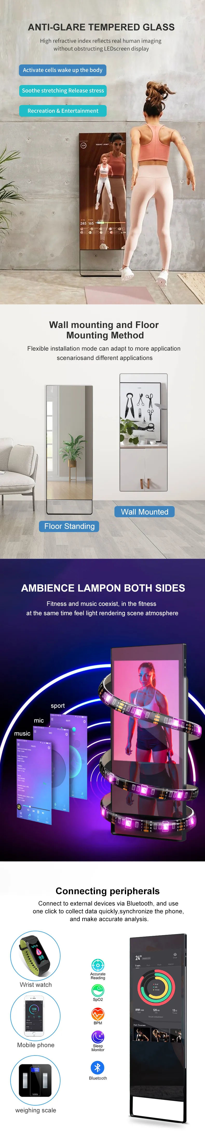 Max 1920x1080 Resolution 32" Fitness LCD Mirror Screen High Brightness