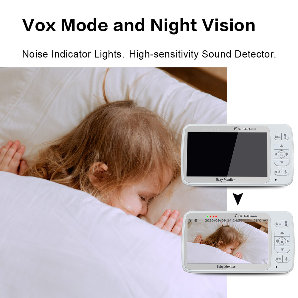Voice Control Wireless Baby Monitor Two Way Speaker High Resolution 5inch Display