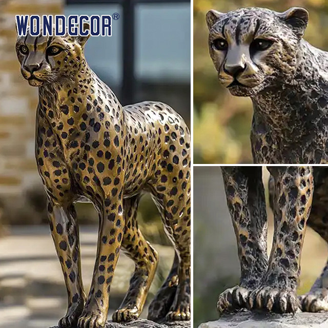 Casting Animal Lifelike Bronze Life Size Cheetah Statue For Outdoor