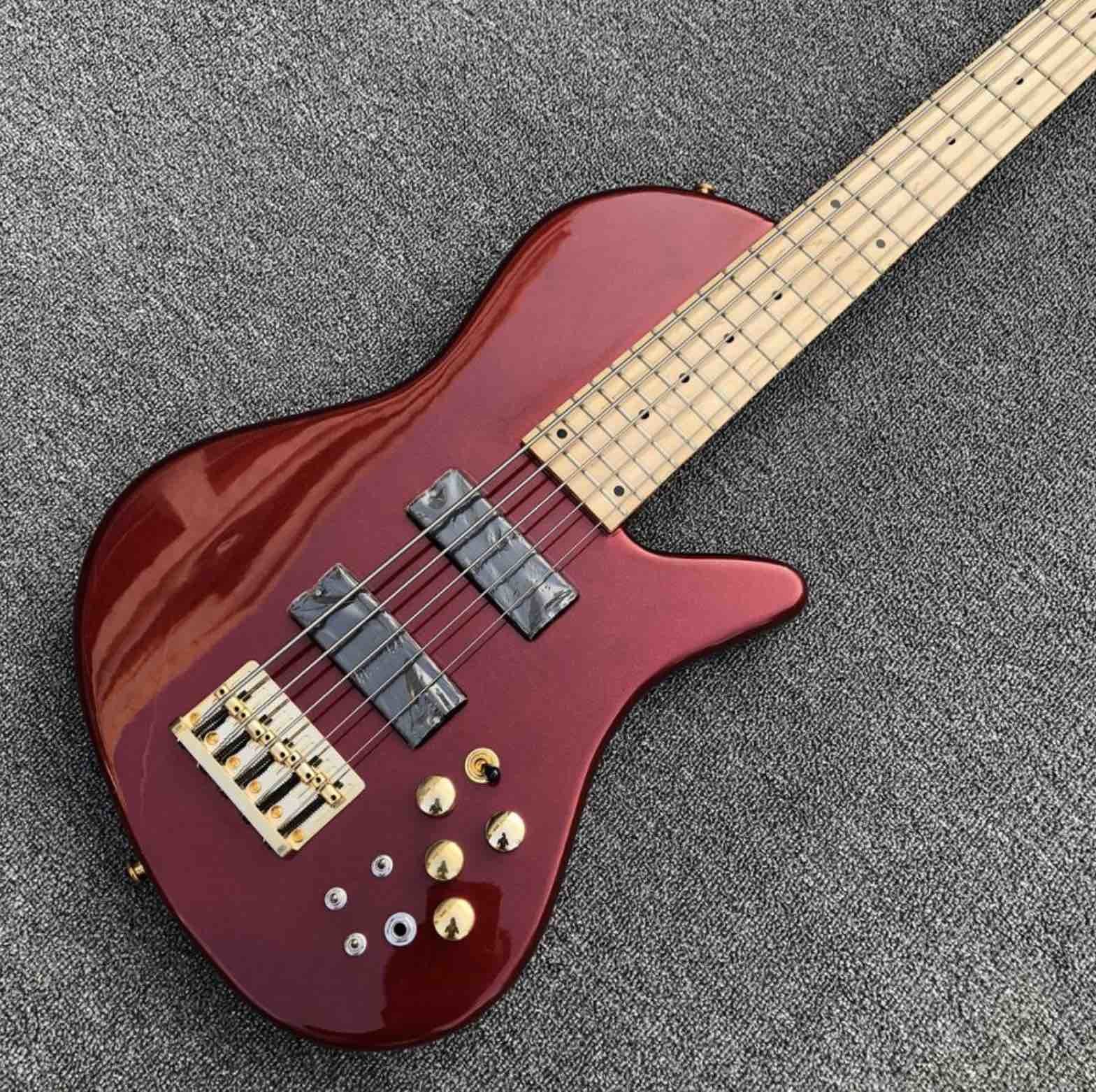 Metallic red Butterfly 5 strings Ash wood Bass Guitar,Factory custom Neck through body 9V active pickups Electric Bass