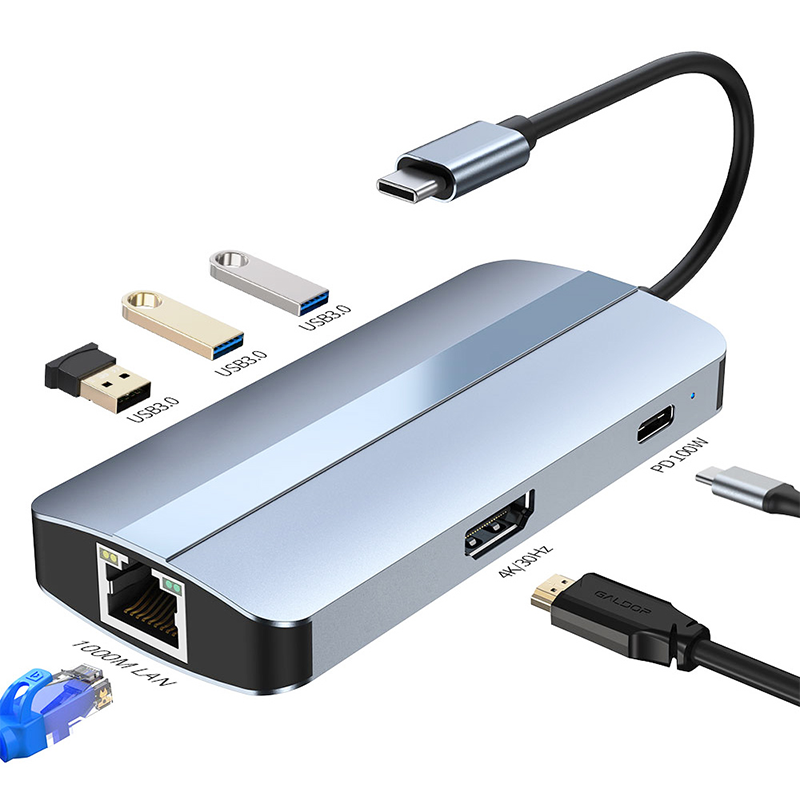 6 In 1 USB A Hub 4K HDMI USB3.0 RJ45 1000Mbps PD Charging Adapter