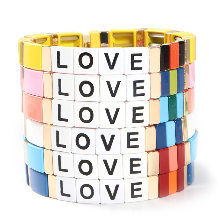 Adjustable Rainbow Enamel Tile Bracelet Love Letters For Gift