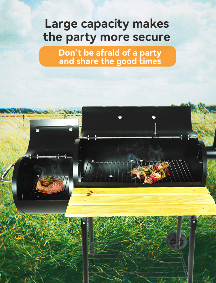 Large Double Barrel Charcoal Grid BBQ Smoker Dia. 4mm Galvanized Side Table Included