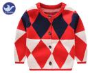 Diamond Jacquard Boys Cardigan Sweater Round Neck Contrast Color Kid Knitwear