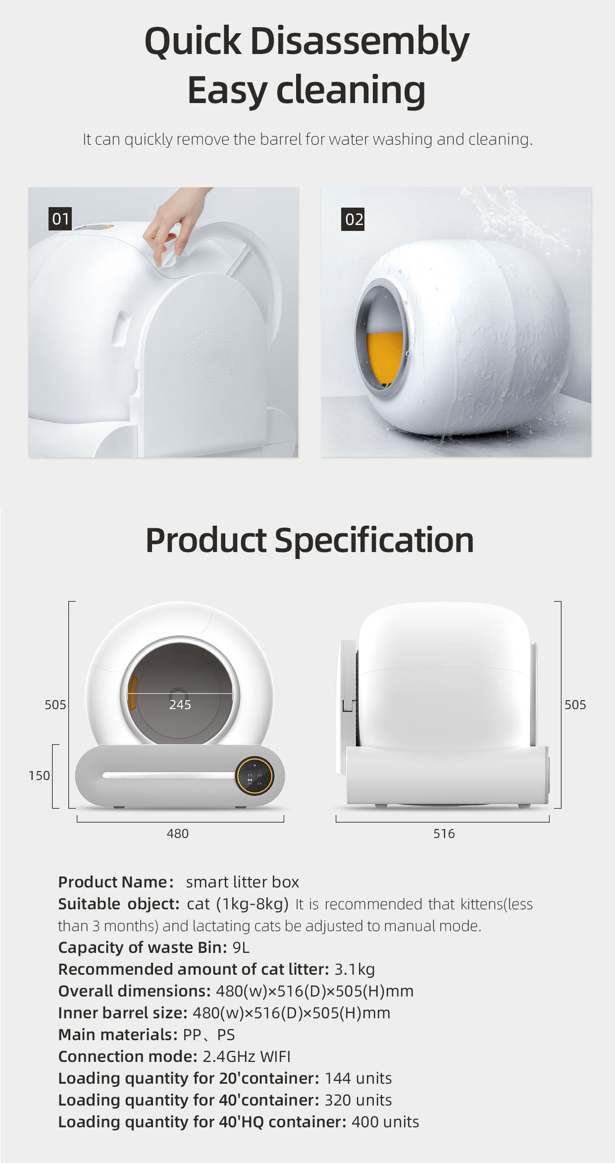 9L Smart Cat Toilet PP PS Smart Self Cleaning Litter Box 900ml