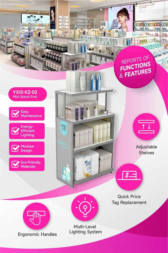 YXiS-XZ-02 Gray Edge Trims Skincare Display Cabinet with 20*20mm Iron Tube