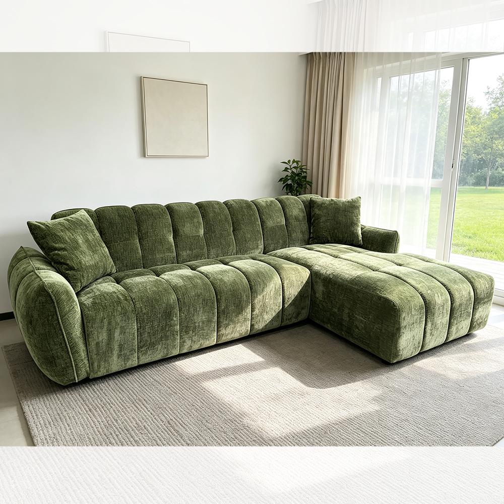 L-Shaped Sectional Sofa with Pillows, Green Fabric
