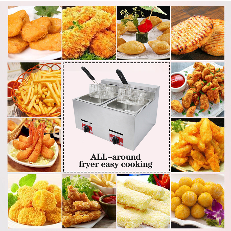 Stainless Steel 2-Tank 2-Baskets LPG Deep Fryer for Commercial Gas Frying 12L Capacity