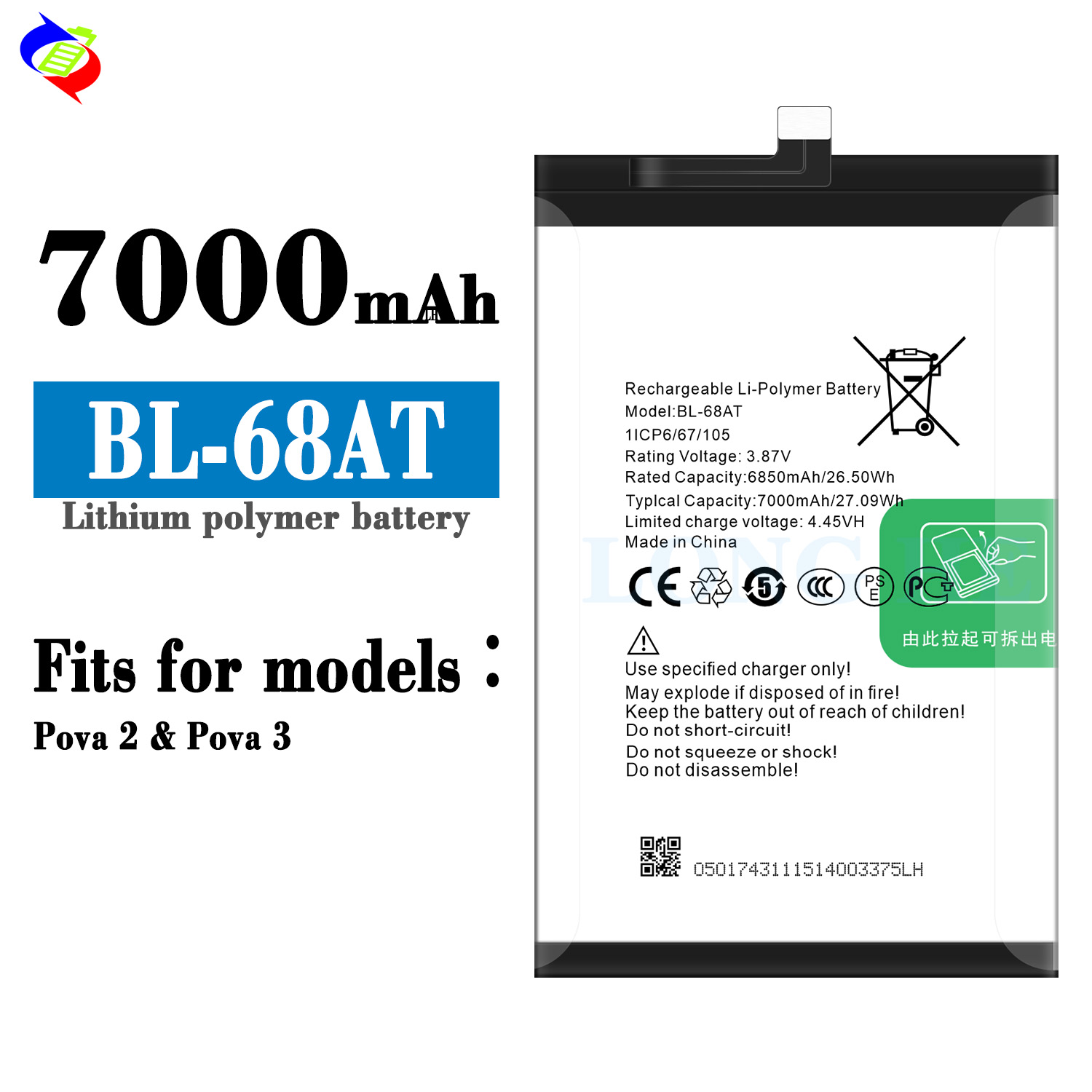 TECNO infinix POVA 2/LE7 BL-68AT RECHARGABLE Battery with Built-in Batteries