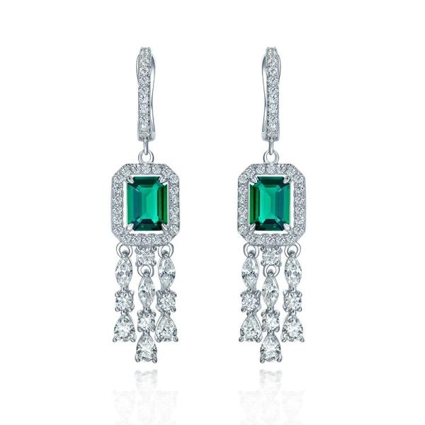 Real Sterling Silver 925 Green Baguette CZ Diamond Long Hoop Earrings for Unisex