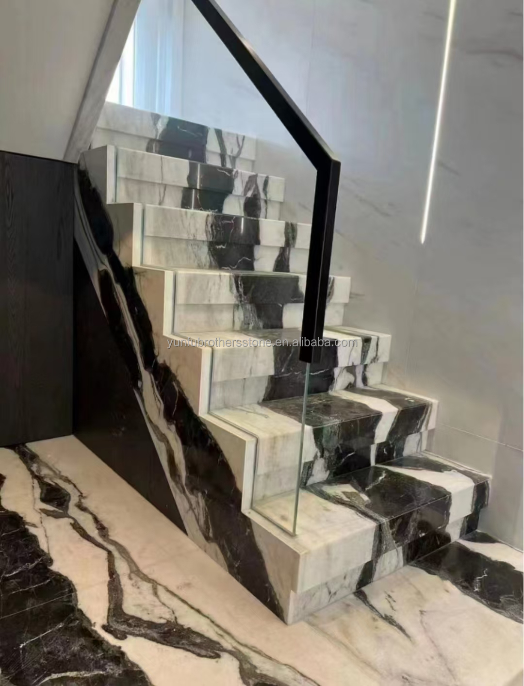 Easy Installation Panda White Marble Stairs with Modern Design and LED Wall Lights