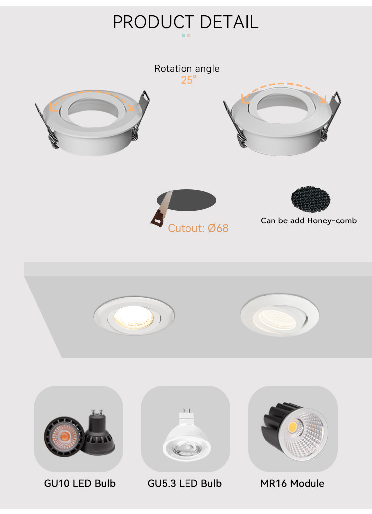 MR16 Waterproof Recessed Light Housing Cutout 68mm Anti Glare Angle Adjustable