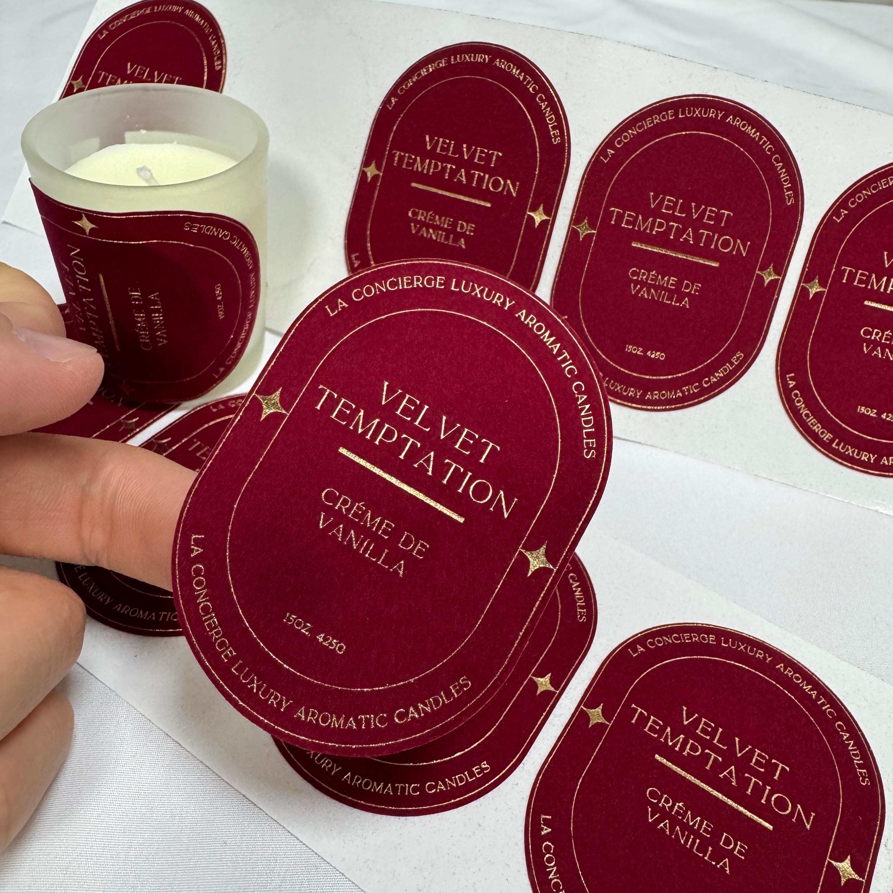 Eco Friendly Customized Print Logo Velvet Embossed Gold Candle Label Sticker for Candle Jar