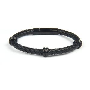 Wholesale Stainless Steel Men's Charm Bracelet Black Plating Braided Leather Wrap from china suppliers