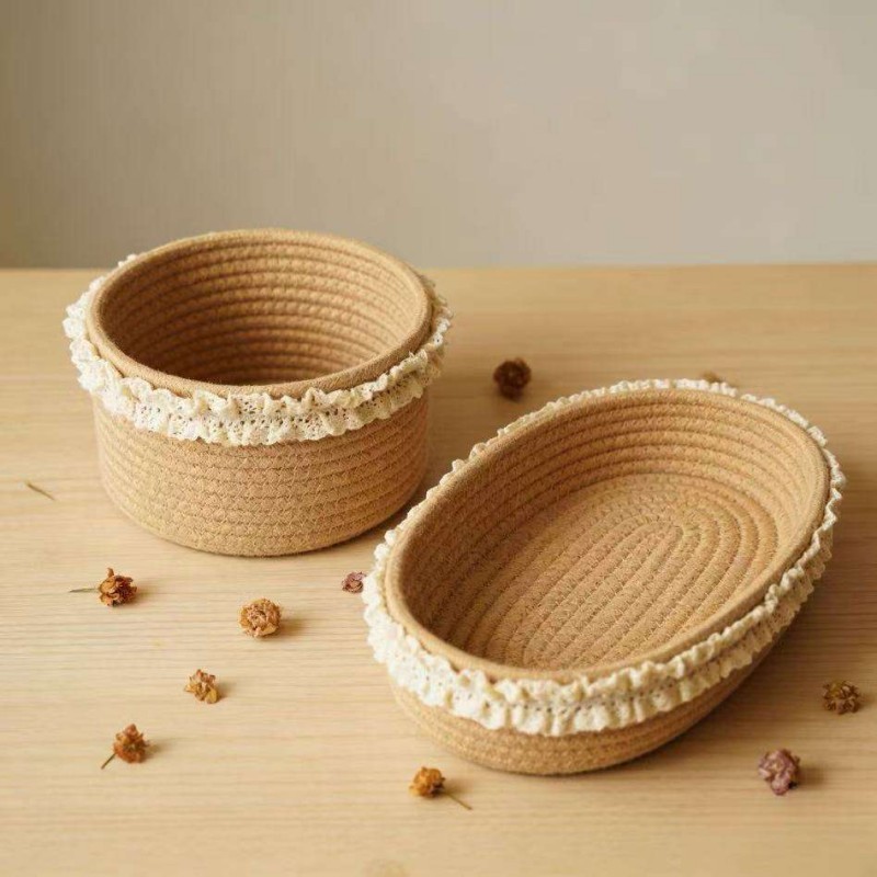 Eco-Friendly Customizable Cotton Rope Storage Basket with Lace Trim