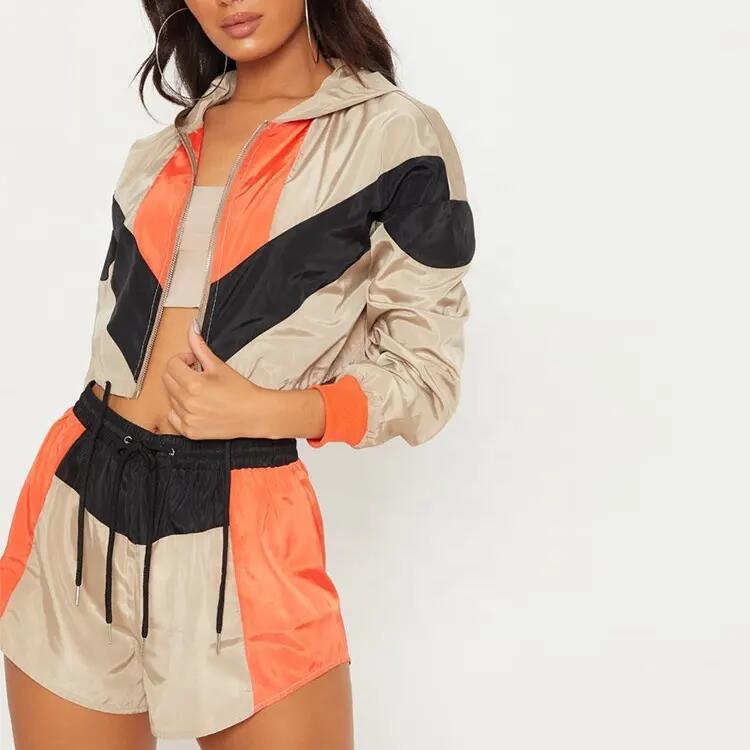 Crop Top Women Jogger Shorts Set Color Block Polyester Windbreaker Tracksuits Sweatsuit