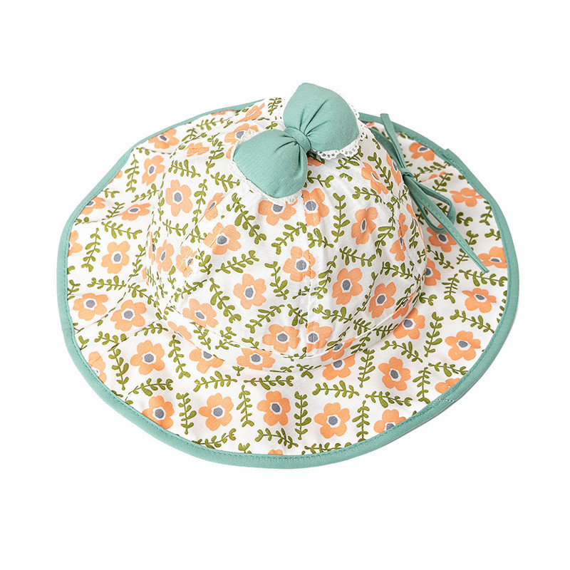 Floral Wavy Bound Cotton Children'S Bucket Hat with bow For Outdoor Sun Protection