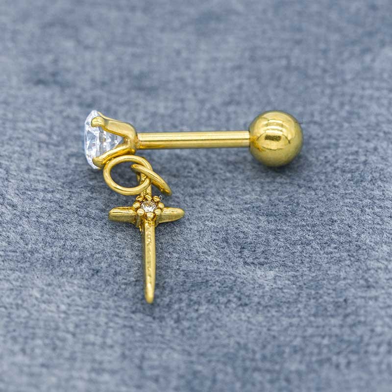 Clear Cz Gems Gold Ear Studs Helix Piercing Earrings 16G With Cross Dangle