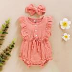In Stock Summer Baby Girls Romper + Headband Cotton Linen Ruffles Sleeveless