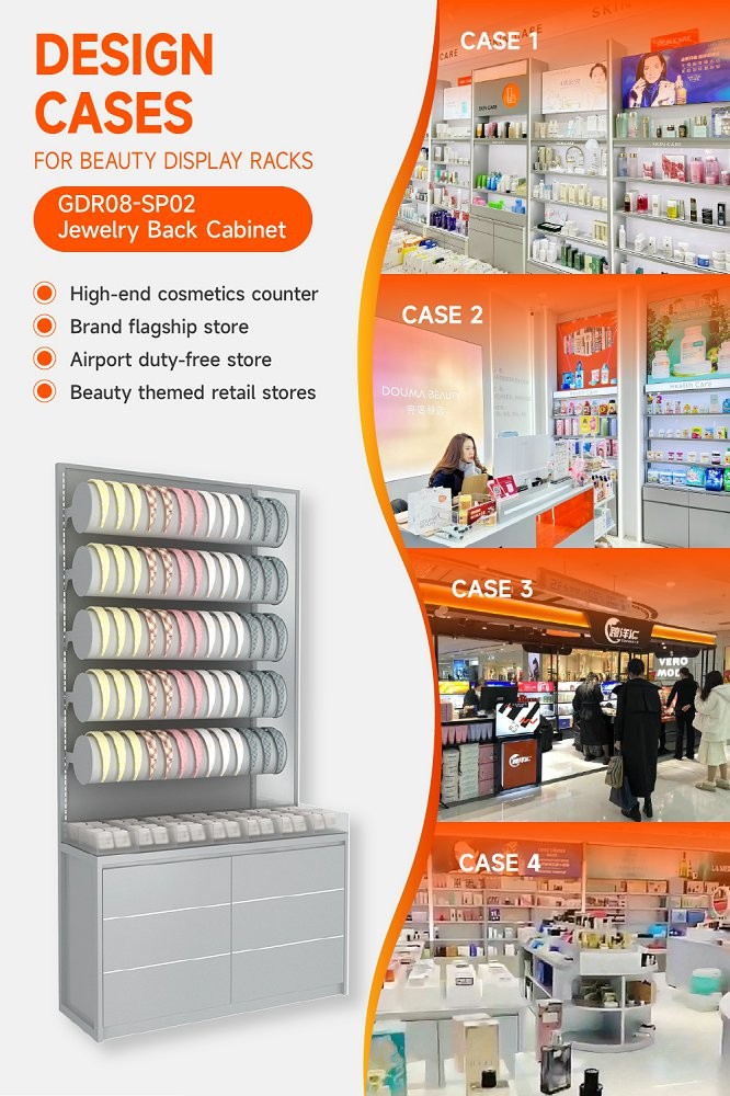 GDR08-SP02 Cosmetic Display Shelf with Gray Velvet Headband Cylinders and Efficient Storage for Cosmetics Retail Stores