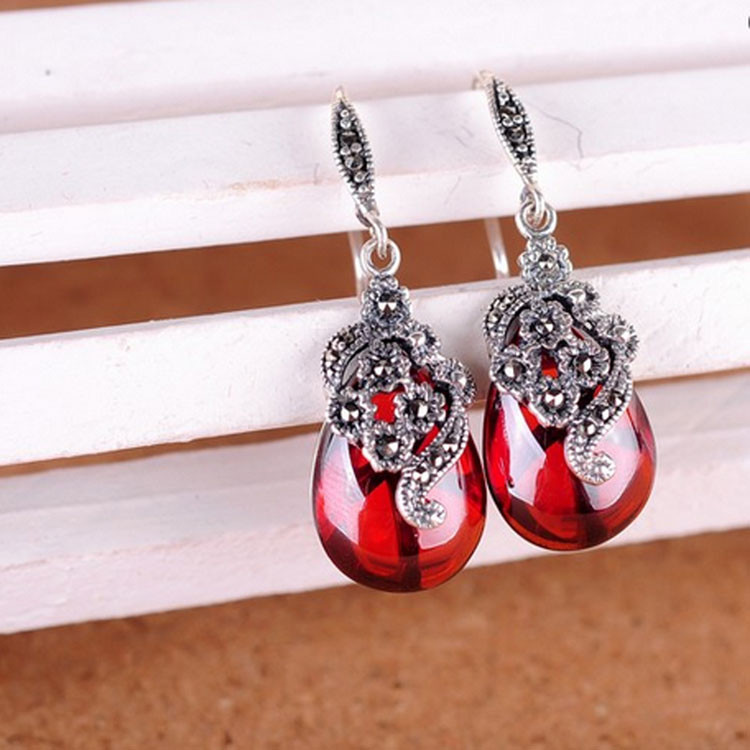 Retro Jewelry Thai 925 Silver with Marcasite Garnet Earrings(LR1036RED)