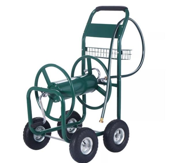 Convenient 4 Wheel Stainless Steel Hose Rool Cart for House Cleaning and Flower