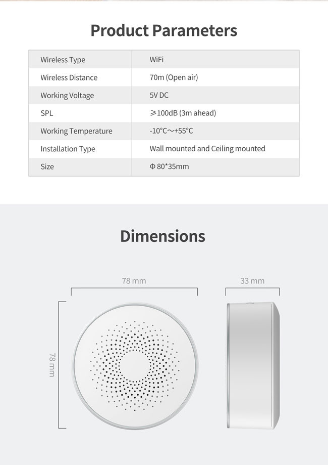 Tuya WiFi Wireless Smart Siren 70m Smart Life For Home Shop Warehouse