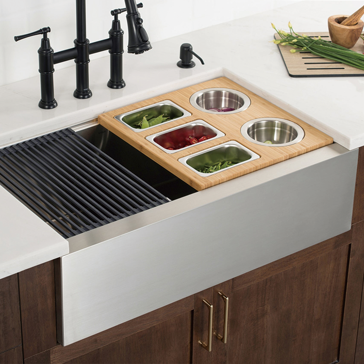 Workstation Composite Bamboo Cutting Board Set with Rectangular Stainless Steel Bowls