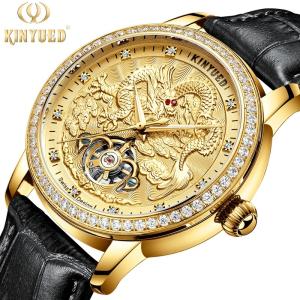 Wholesale Gold Dial Leather Wrist Watch Wind Up Dragon Embossed Water Resistant from china suppliers