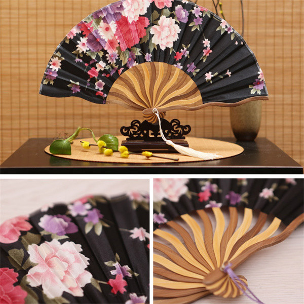 Assorted Flower Handheld Foldable Fan Curved Fabric Folding Fans With Tassel