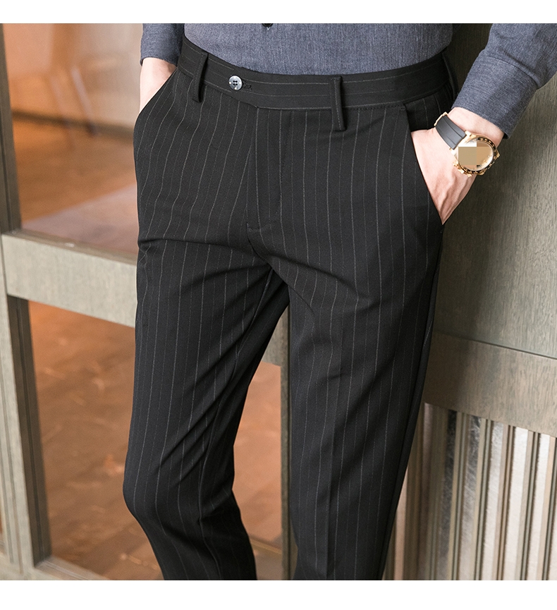 Autumn Formal Pants for Men Thick Stripes and Mid Waist Design Plus Size Trousers