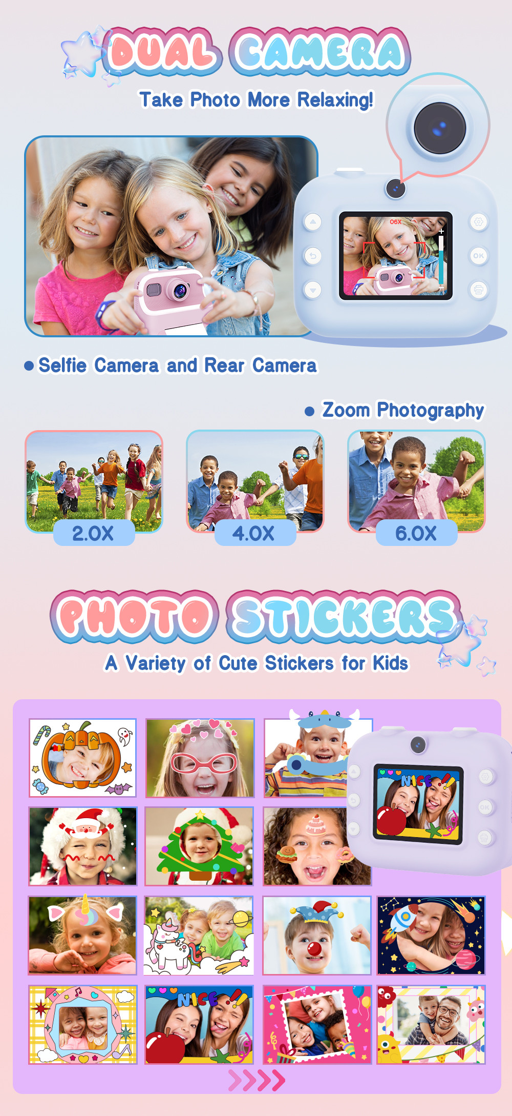 2.4Inch Screen Mini Inkless Printer Portable Digital Camera Kids Gift