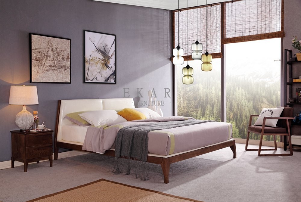 Designer Furniture Modern Leather Oak Wood Bed