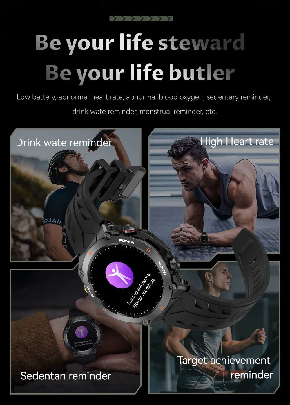 Men's KC82 Smart Watch Fitness Tracker Watch Waterproof 1ATM With Altitude Air Pressure