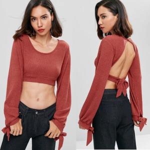 Wholesale Open Back Knotted Cut Out Long Sleeve Knit Top Women from china suppliers