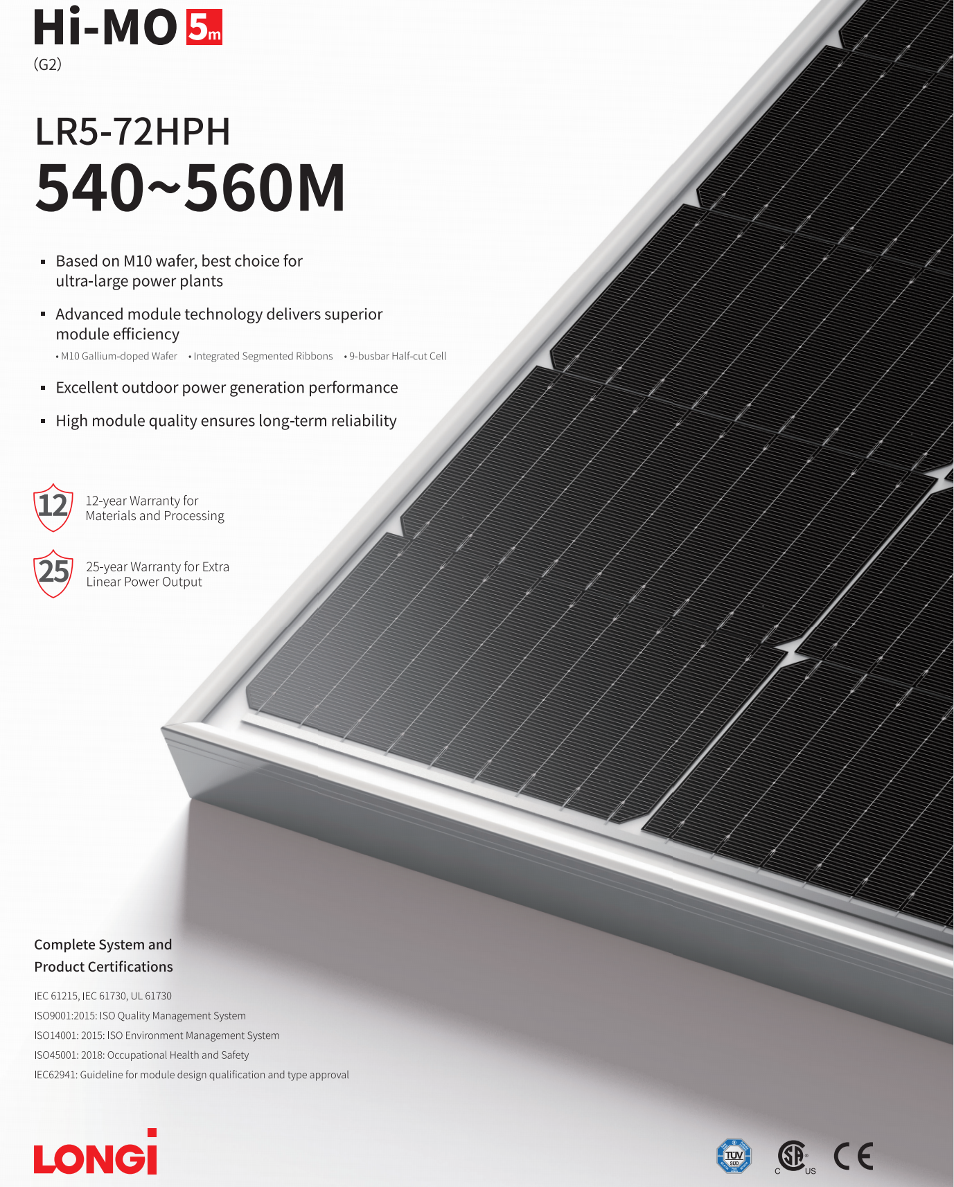 540w Mono Solar Panel Half Cell 182x182mm Silicon PV Module Hi Mo Longi Lr5 72hph 540m