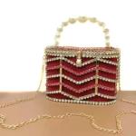Flat Bucket Shape Pearl Hand Bags Red Fabric Inlaid Diamond OEM ODM