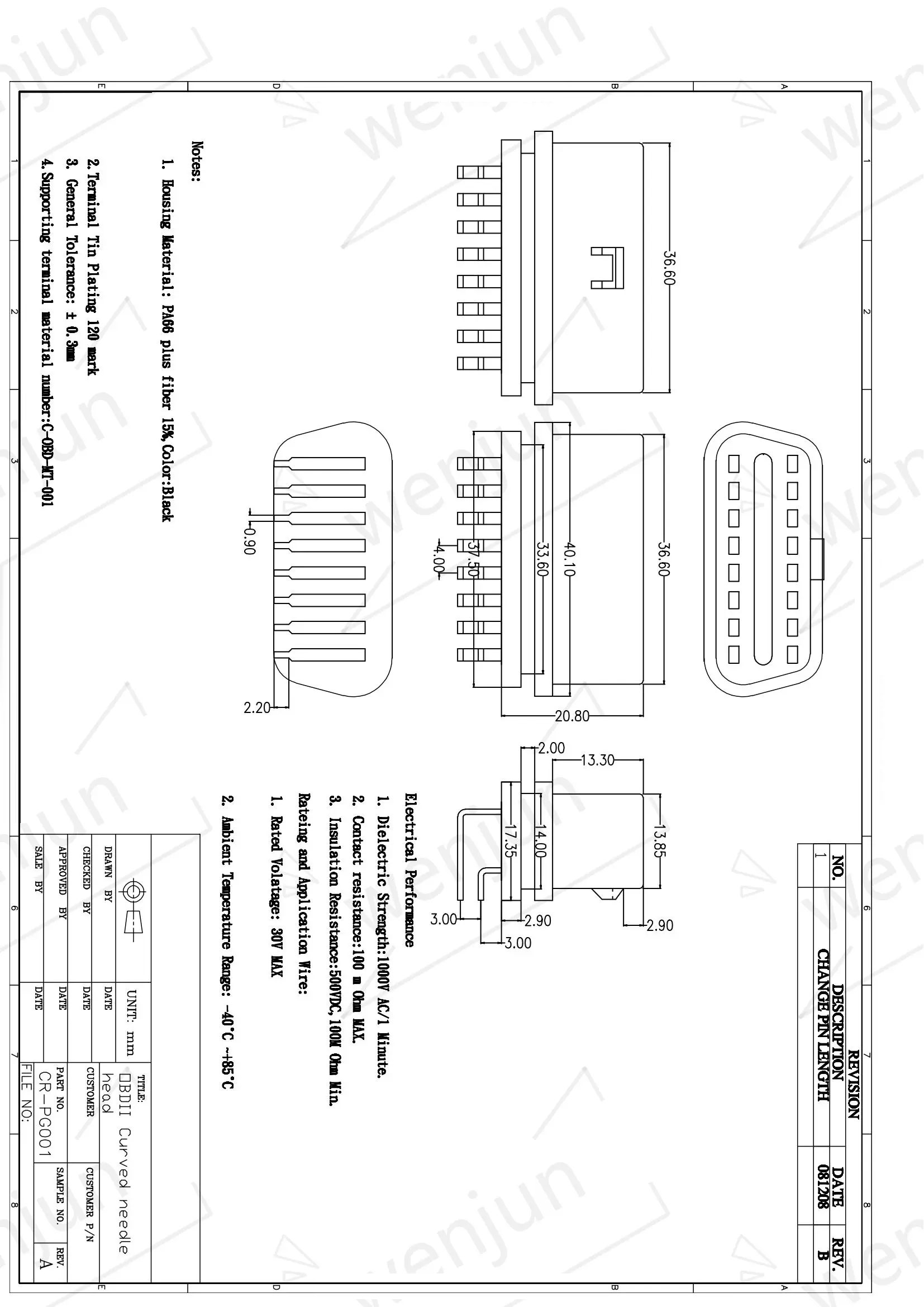 Nickel Plating OBD Car Connector Bent Pin Female For Diagnostic