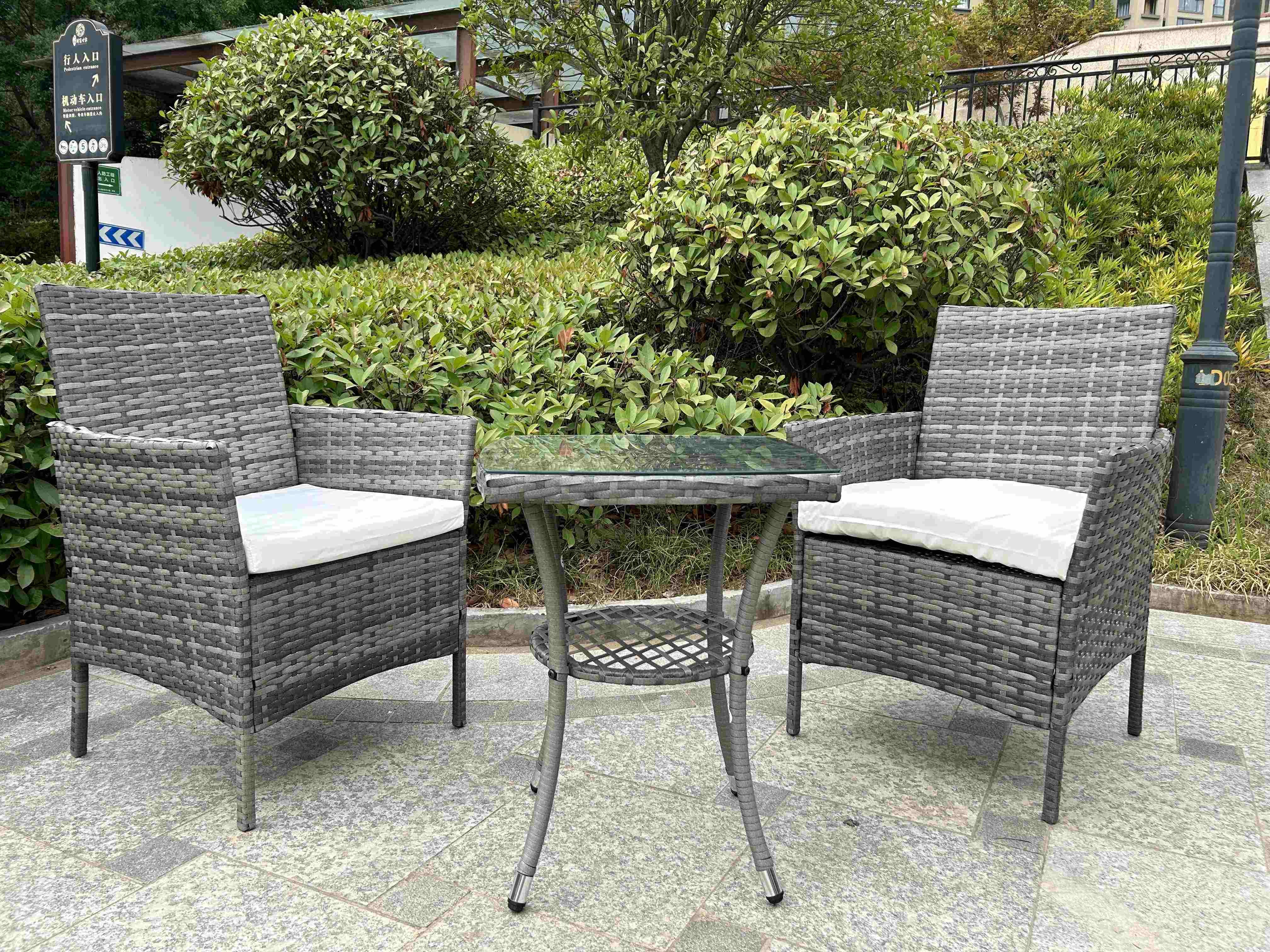 Grey 2 Seater Rattan Table And Chairs Bistro Patio Seating Chair Garden Relaxation Furniture