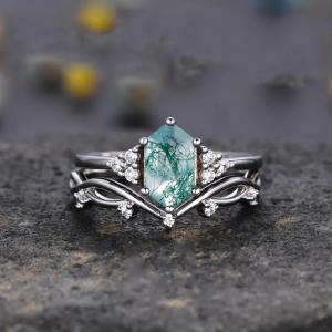 Wholesale Engagement 925 Sterling Silver Hexagon Cut Natural Quartz Ring Real Green Moss Agate from china suppliers