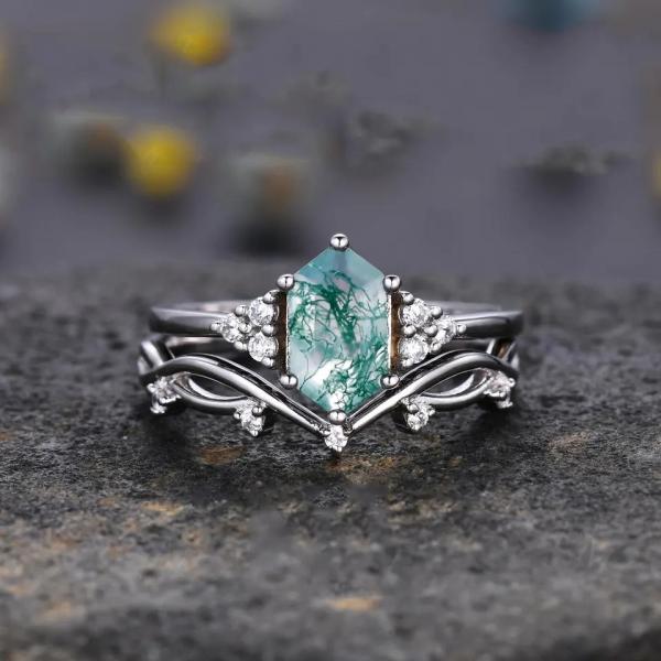 Engagement 925 Sterling Silver Hexagon Cut Natural Quartz Ring Real Green Moss