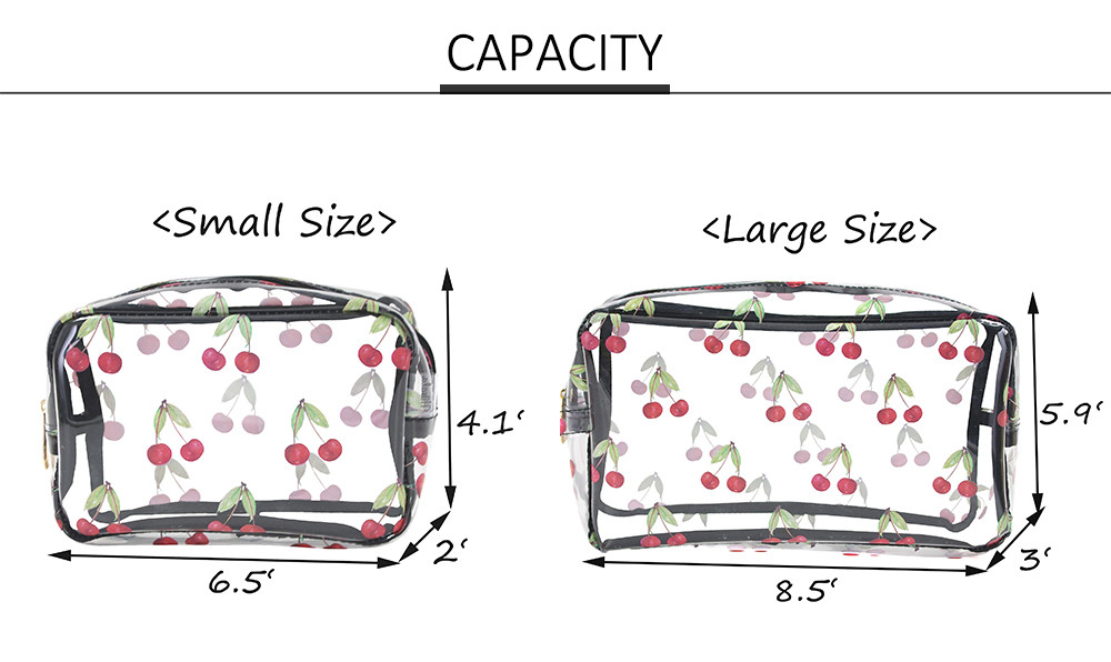 Zipper Closure Cherry Print PVC Cosmetic Toiletry Bag