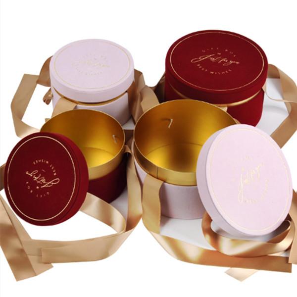 Gold Foil Logo Round Velvet Rose Flower Hat Box Small Mothers Day Gift Box with