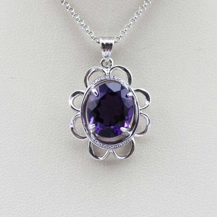 Sterling Silver Amethyst Cubic Zirconia Pendant Women Necklace (PSJ0176)